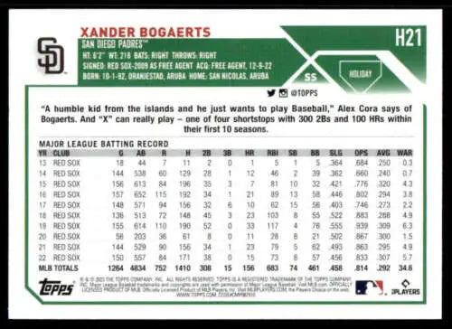 Baseball card featuring H21 Xander Bogaerts MLB stats, Topps Holiday original gloss