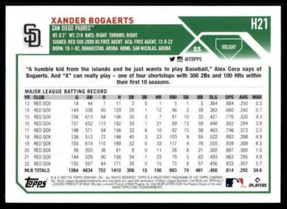 Baseball card featuring H21 Xander Bogaerts MLB stats, Topps Holiday original gloss