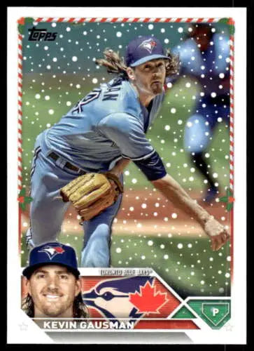 Baseball trading card of H24 Kevin Gausman in mid-throw, original gloss, mint Blue Jays