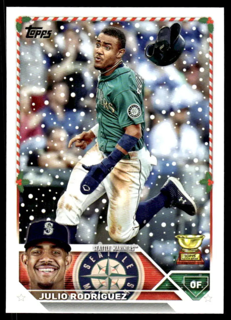 Baseball card of Julio Rodriguez in teal Seattle Mariners jersey from Topps Holiday