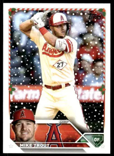 Baseball card of H27 Mike Trout in snowy conditions from Topps Holiday with original gloss