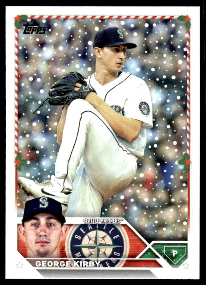 George Kirby pitching in white uniform on 2023 Topps Holiday Seattle Mariners Baseball Card