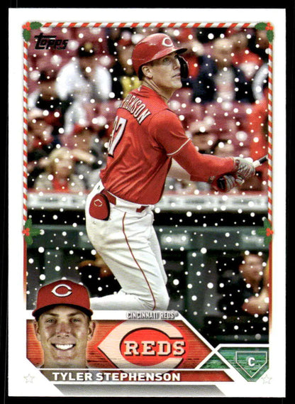 Baseball card of Tyler Stephenson batting in red uniform for Cincinnati Reds