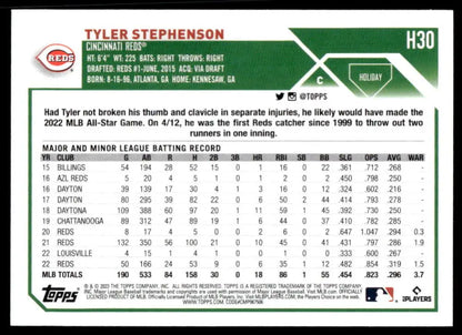 Baseball card featuring Tyler Stephenson stats for Cincinnati Reds in 2023 Topps Holiday