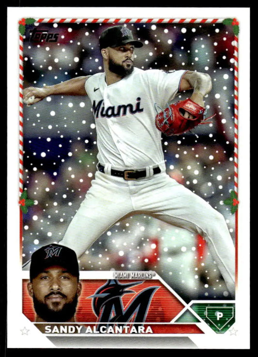 Baseball card of Sandy Alcantara in mid-throw, Miami Marlins H33 Holiday edition