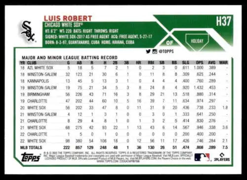 2023 Topps Holiday H37 Luis Robert baseball card in Mint condition, White Sox original gloss