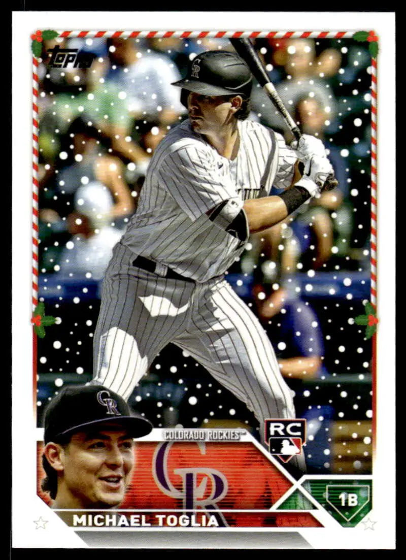 Michael Toglia batting in pinstripe uniform on Colorado Rockies baseball card