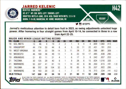 2023 Topps Holiday Jarred Kelenic baseball card featuring minor league stats and batting record