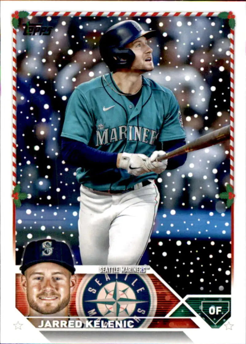 2023 Topps Holiday Jarred Kelenic Seattle Mariners Baseball Card at bat in teal jersey