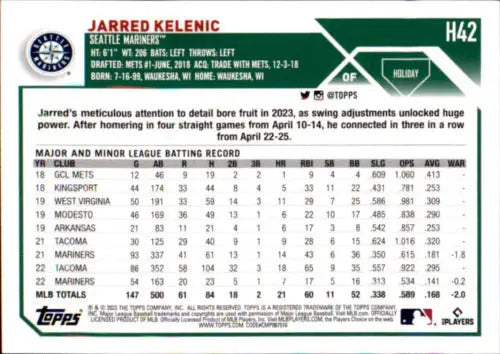 2023 Topps Holiday H42 Jarred Kelenic baseball card in Near Mint condition with original gloss