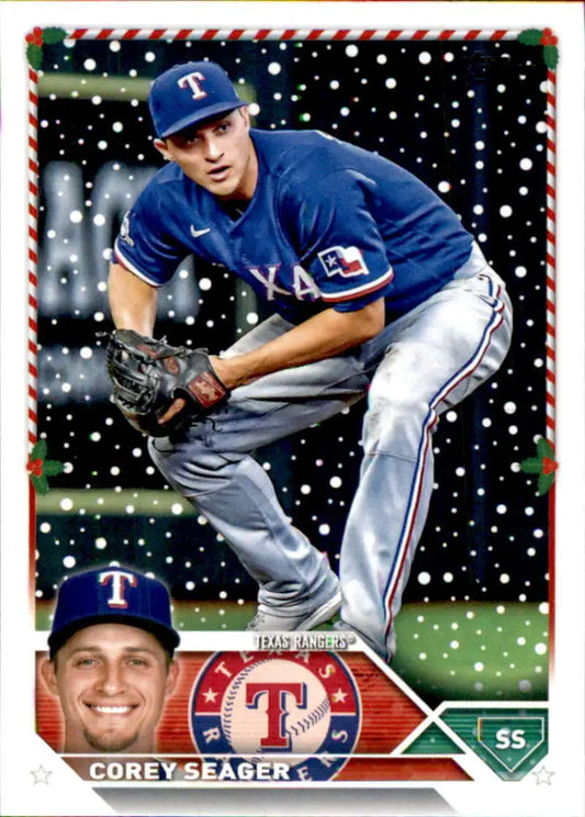 Corey Seager Texas Rangers baseball card showing shortstop in blue uniform fielding