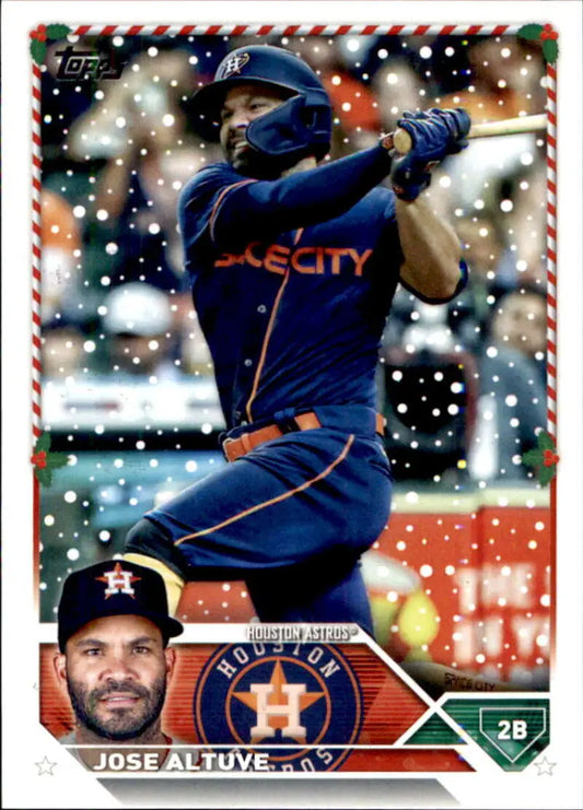 Jose Altuve at bat in a blue uniform on 2023 Houston Astros baseball card