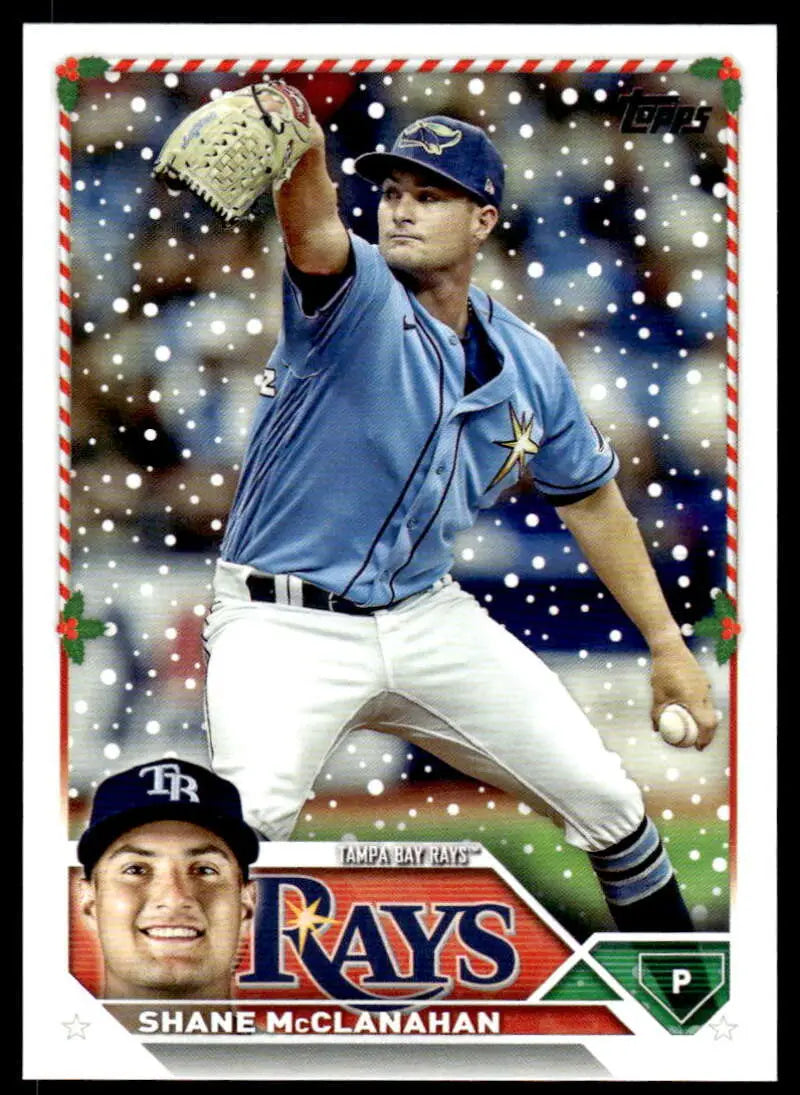 Baseball card of Shane McClanahan mid-throw, Tampa Bay Rays 2023 Topps Holiday