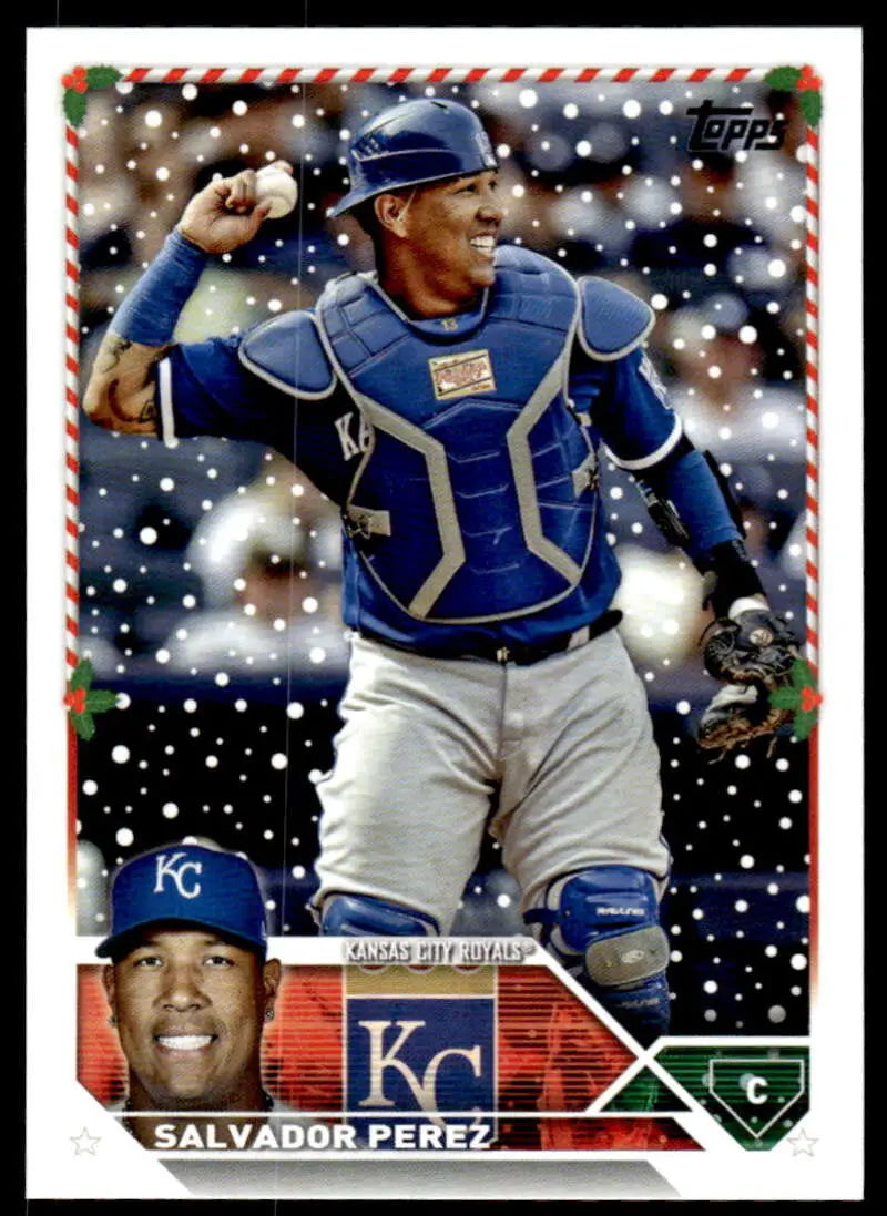 Salvador Perez in action during snowy game on Kansas City Royals baseball card