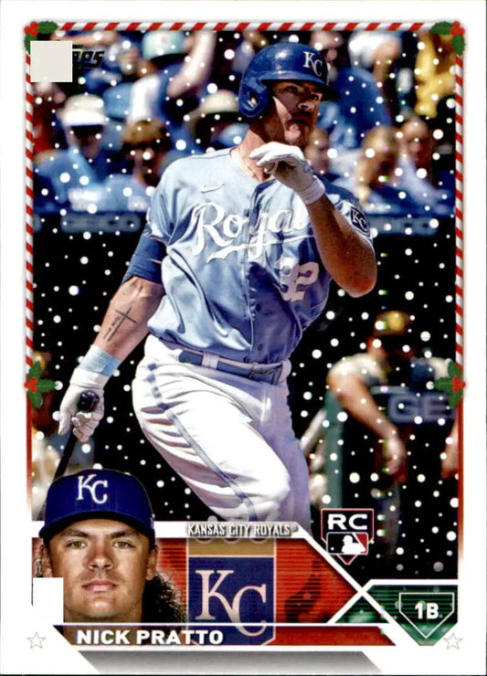 Baseball card of Nick Pratto in white uniform, Kansas City Royals, Topps Holiday