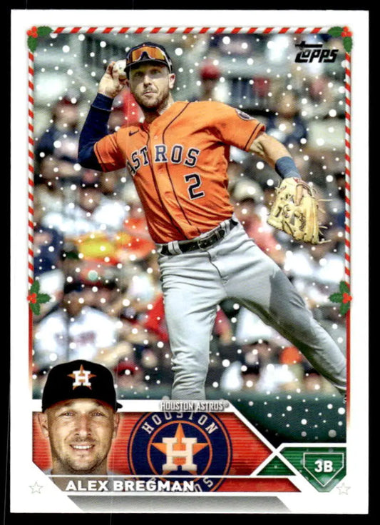 Baseball card of Alex Bregman in orange Houston Astros jersey throwing a ball