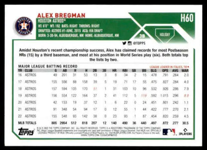 Baseball card back of 2023 Topps Holiday H60 Alex Bregman with original gloss