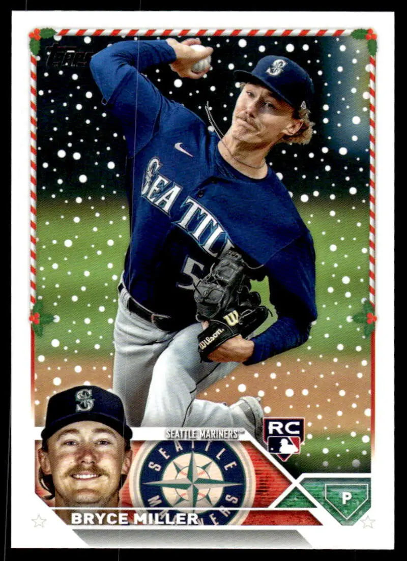 Baseball card of Bryce Miller mid-delivery in a Seattle Mariners Topps Holiday design