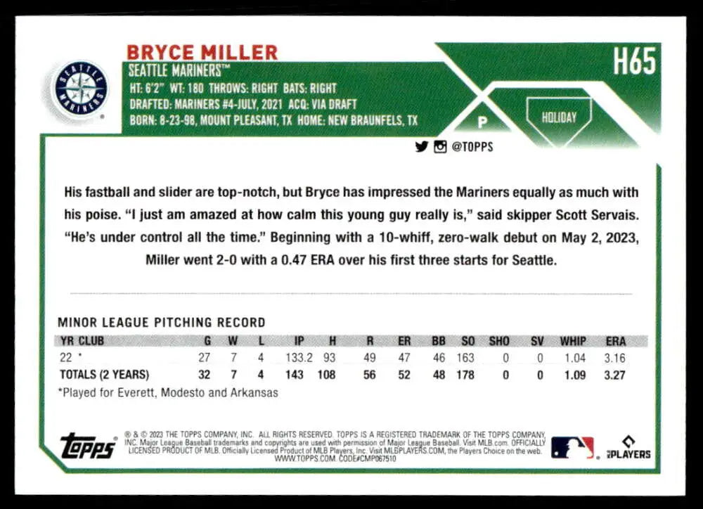 Baseball card of Bryce Miller featuring stats from 2023 Topps Holiday set