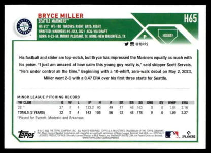 Baseball card of H65 Bryce Miller showcasing minor league stats in Mint RC Rookie condition