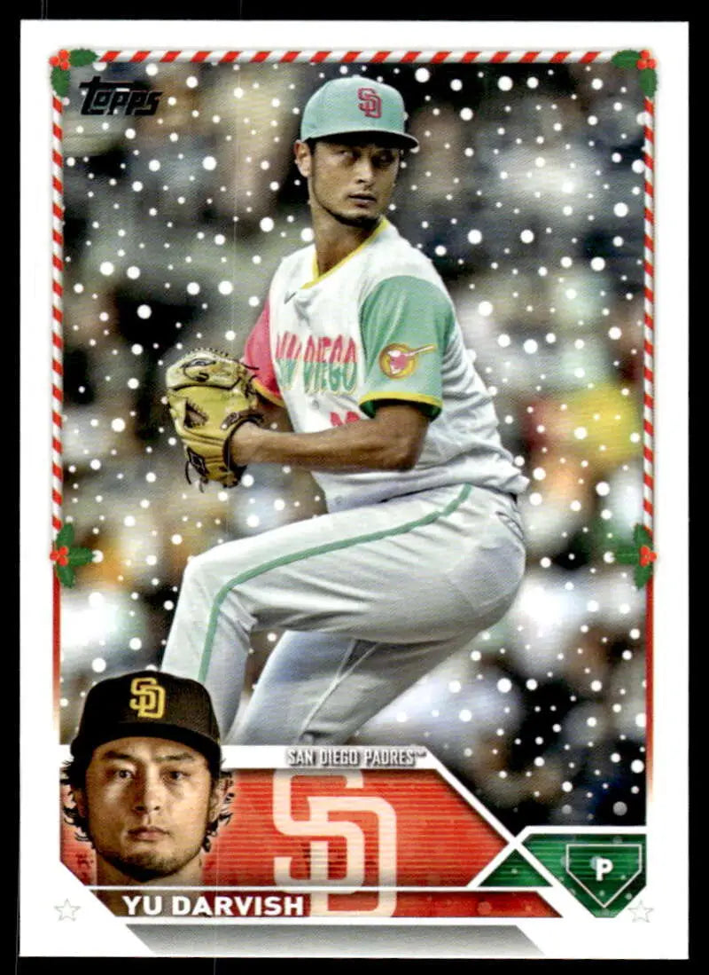 Baseball card of Yu Darvish in pitching stance for San Diego Padres 2023 Topps Holiday