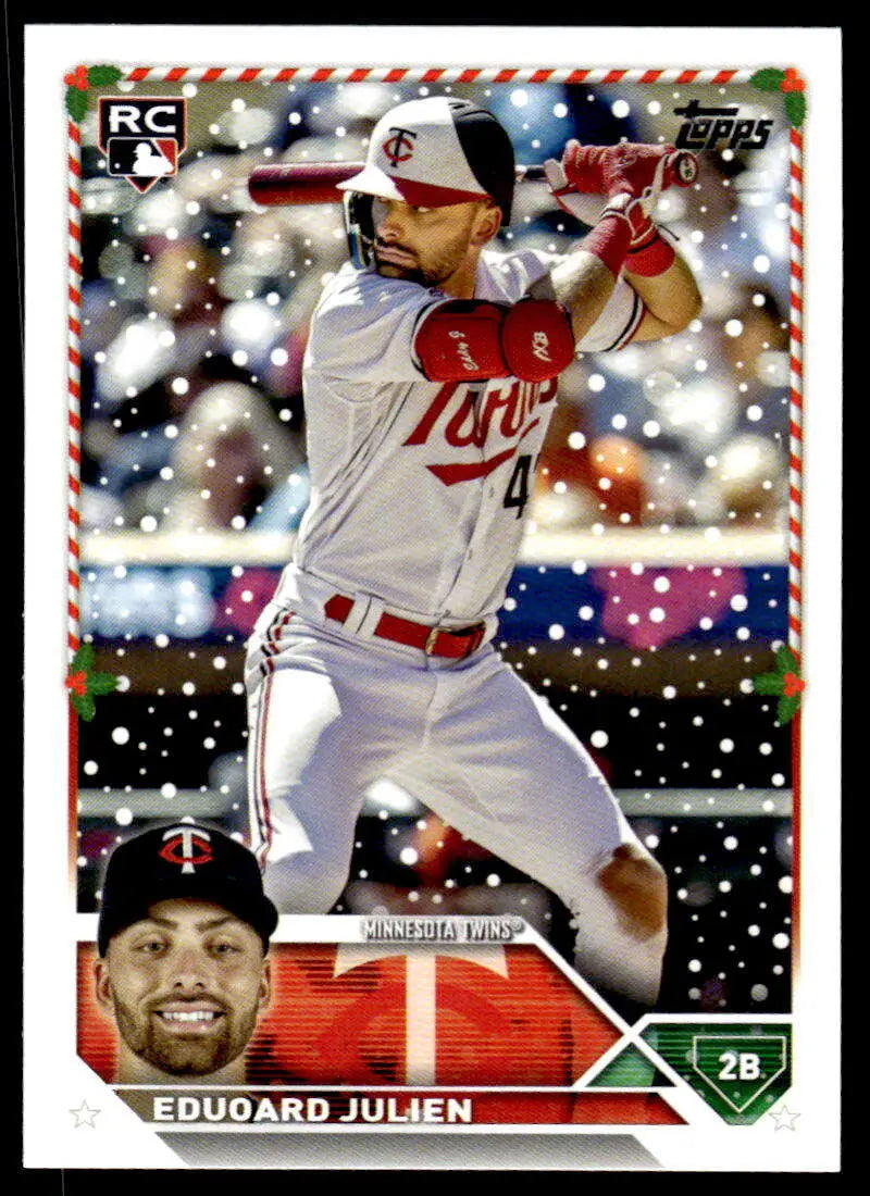 Edouard Julien Minnesota Twins Baseball Card with snowy effect from Topps Holiday collection