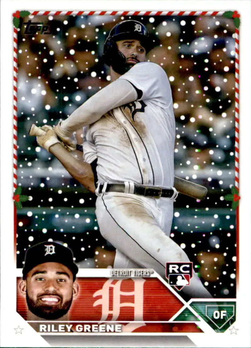 2023 Topps Holiday Baseball Card of Riley Greene, Detroit Tigers outfielder in snowy design