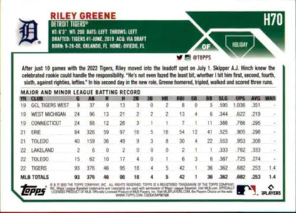 Baseball card featuring H70 Riley Greene statistics and career info in Mint RC Rookie condition