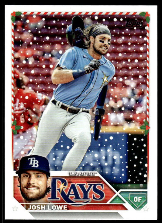 Baseball card of Josh Lowe in light blue uniform for Tampa Bay Rays 2023 Topps Holiday