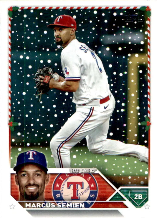 Marcus Semien in Texas Rangers white and red uniform on 2023 Topps Holiday H73 card