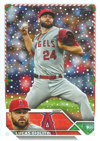 Lucas Giolito mid-throw on 2023 Topps Holiday Los Angeles Angels baseball card