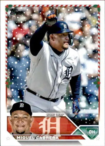 Baseball card of H78 Miguel Cabrera celebrating in gray uniform, Topps Holiday original gloss