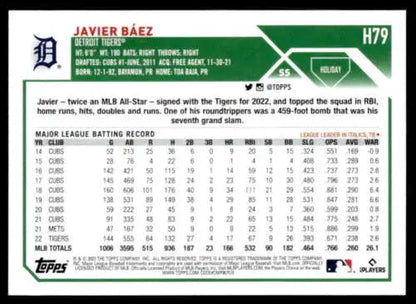 2023 Topps Holiday H79 Javier Baez baseball card showcasing MLB statistics and career record