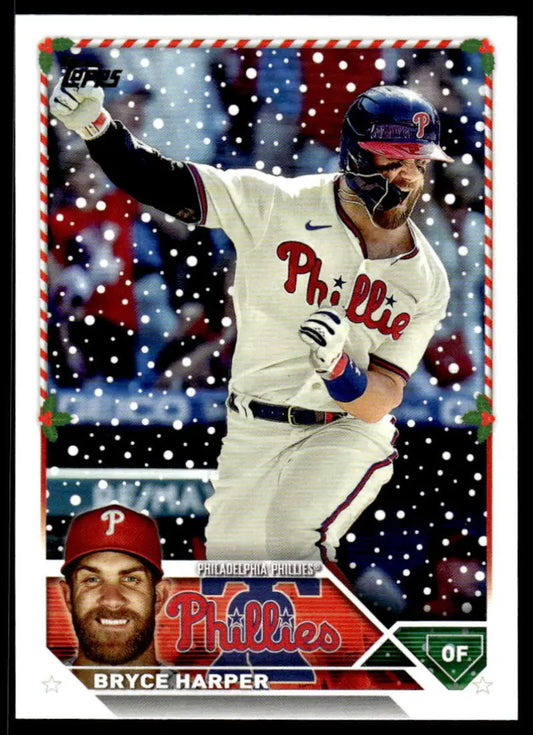 Bryce Harper 2023 Topps Holiday Baseball Card with festive Philadelphia Phillies design