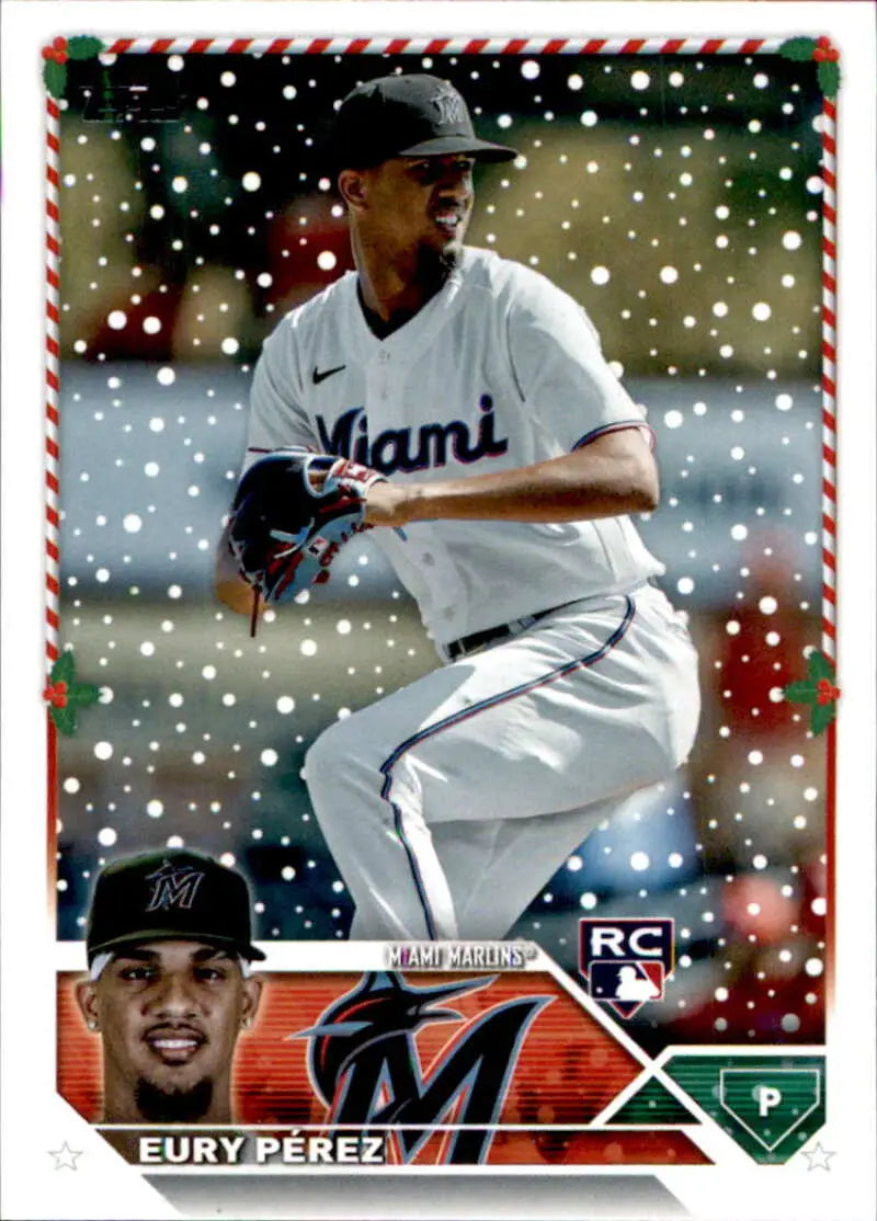 Eury Perez Miami Marlins rookie baseball card in throwing motion on 2023 Topps Holiday card