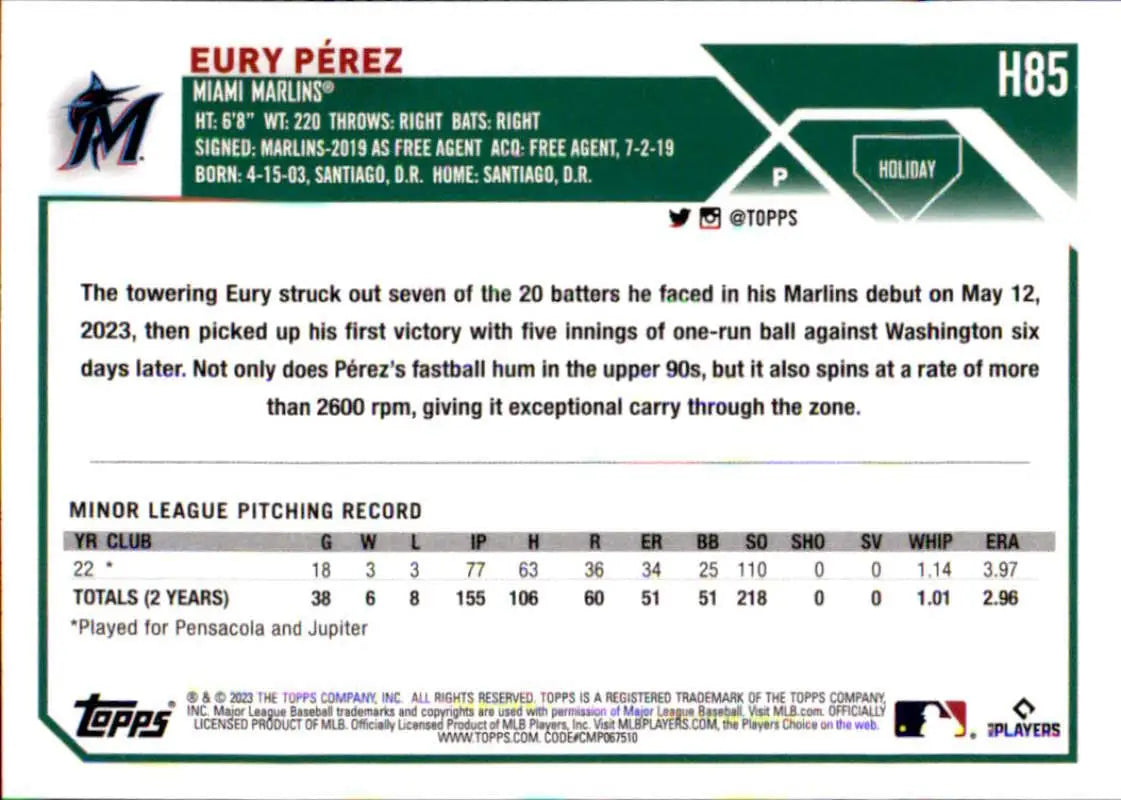 Baseball card featuring Eury Pérez stats for Miami Marlins rookie season 2023