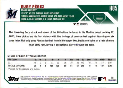 Baseball card featuring H85 Eury Perez’s minor league stats and mint RC rookie highlights