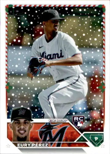 Baseball card of H85 Eury Perez in windup, 2023 Topps Holiday Mint RC Rookie