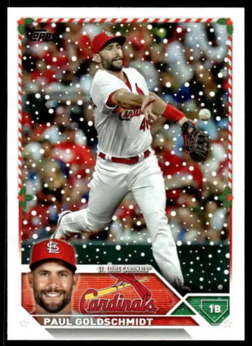 H88 Paul Goldschmidt Topps Holiday baseball card showing a Cardinals player in snow