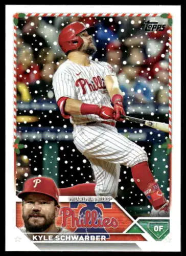 Baseball card of Kyle Schwarber in pinstriped uniform from 2023 Topps Holiday set