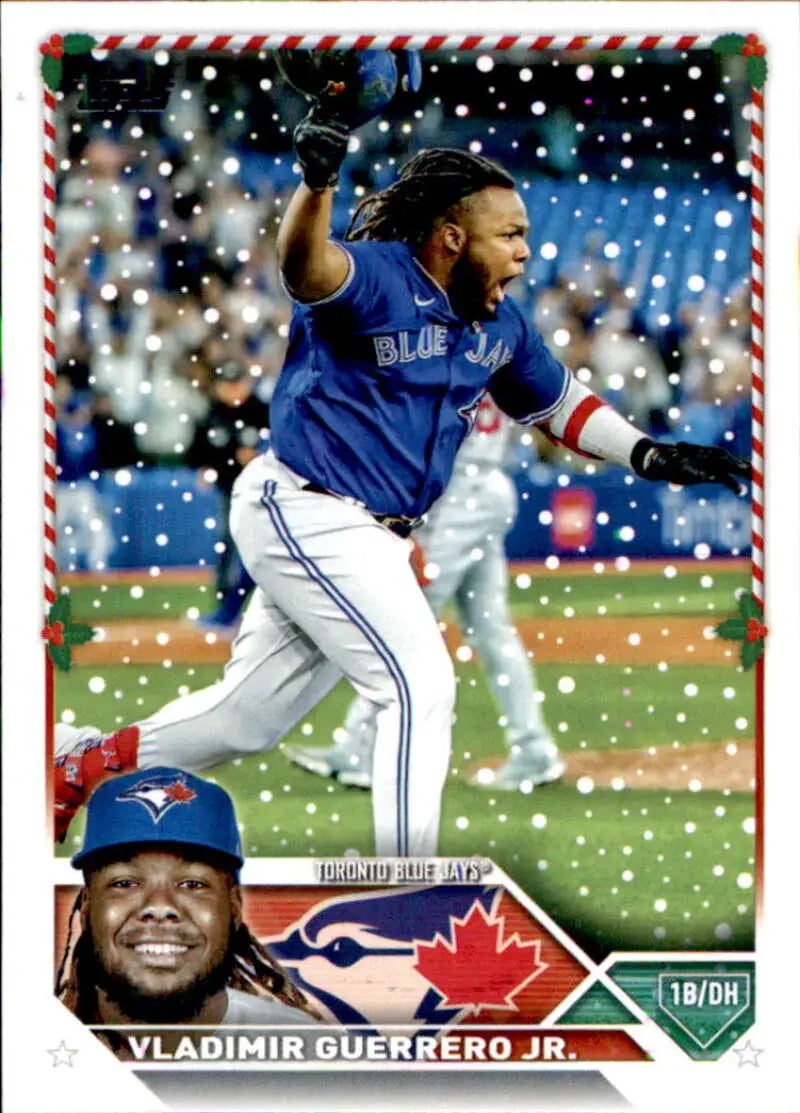 Toronto Blue Jays baseball card of Vladimir Guerrero Jr. celebrating in snow