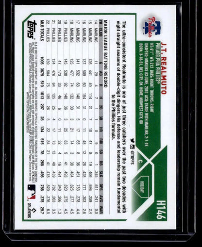 Back of 2023 Topps Holiday Metallic J.T. Realmuto Baseball Card with player stats