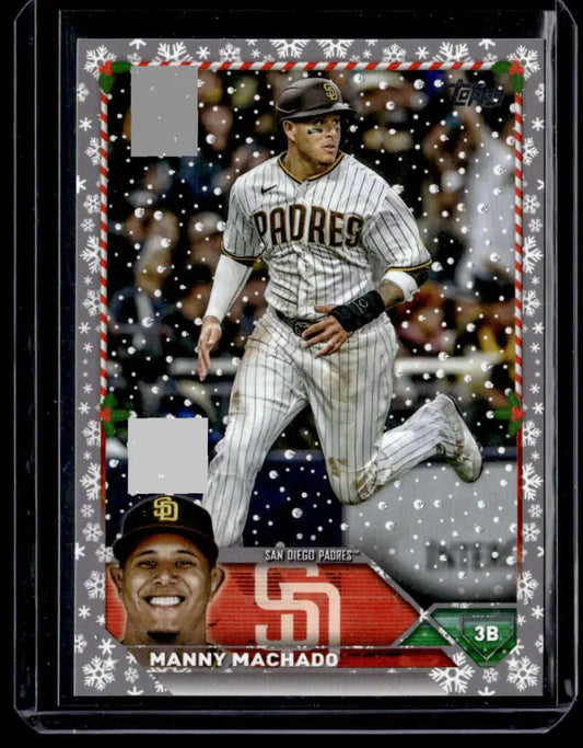 Manny Machado running in pinstripes on 2023 Topps Holiday San Diego Padres card