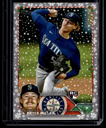 Baseball card of Bryce Miller in blue uniform pitching for Seattle Mariners Topps Holiday Metallic