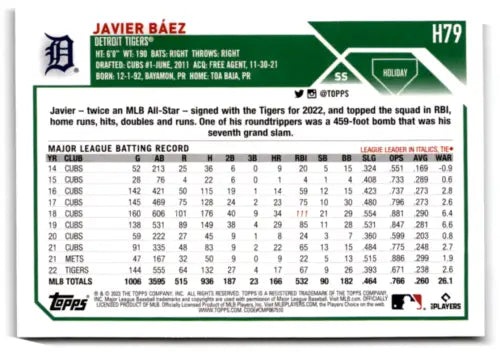 2023 Topps Holiday Metallic H79 Javier Baez baseball card in Near Mint condition