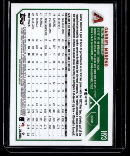 Baseball card featuring Gabriel Moreno stats in green and white design for Arizona Diamondbacks