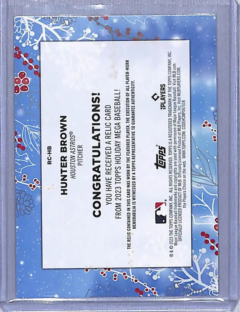 Back of 2023 Topps Holiday Relics Hunter Brown baseball card with blue floral design