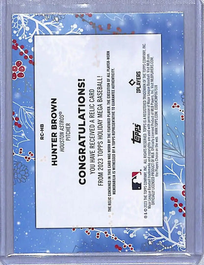 Back of 2023 Topps Holiday Relics Hunter Brown baseball card with blue floral design