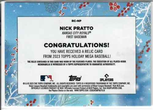 Nick Pratto relic card from 2023 Topps Holiday Relics, NM Mint Mem Royals коллекция