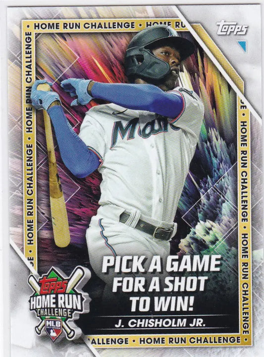 Baseball trading card of Jazz Chisholm Jr in Miami Marlins uniform for Topps Home Run Challenge